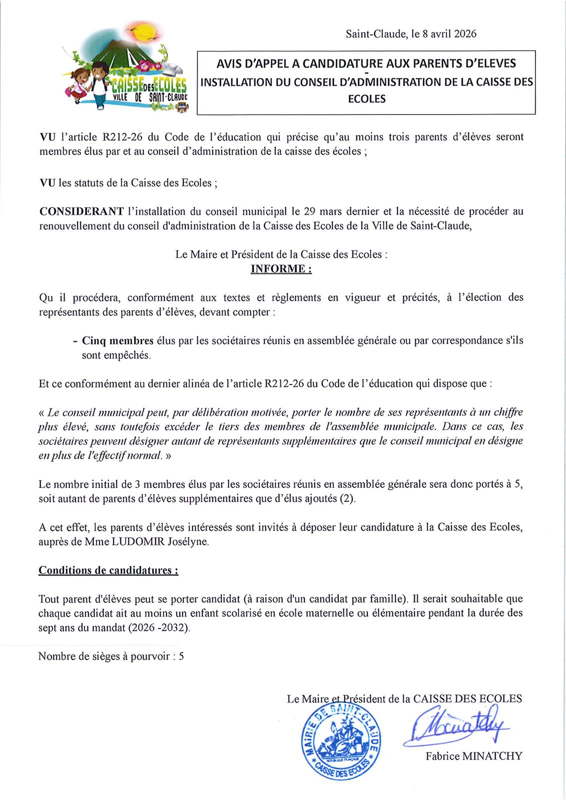 AVIS D'APPEL À CANDIDATURE AUX PARENTS D'ELEVES - INSTALLATION DU CONSEIL D'ADMINISTRATION DE LA CAISSE DES ECOLES