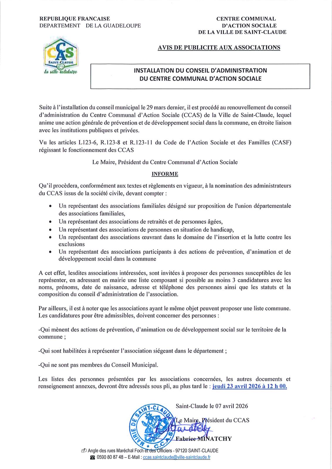 AVIS DE PUBLICITE AUX ASSOCIATIONS - INSTALLATION DU CONSEIL D'ADMINISTRATION DU CCAS